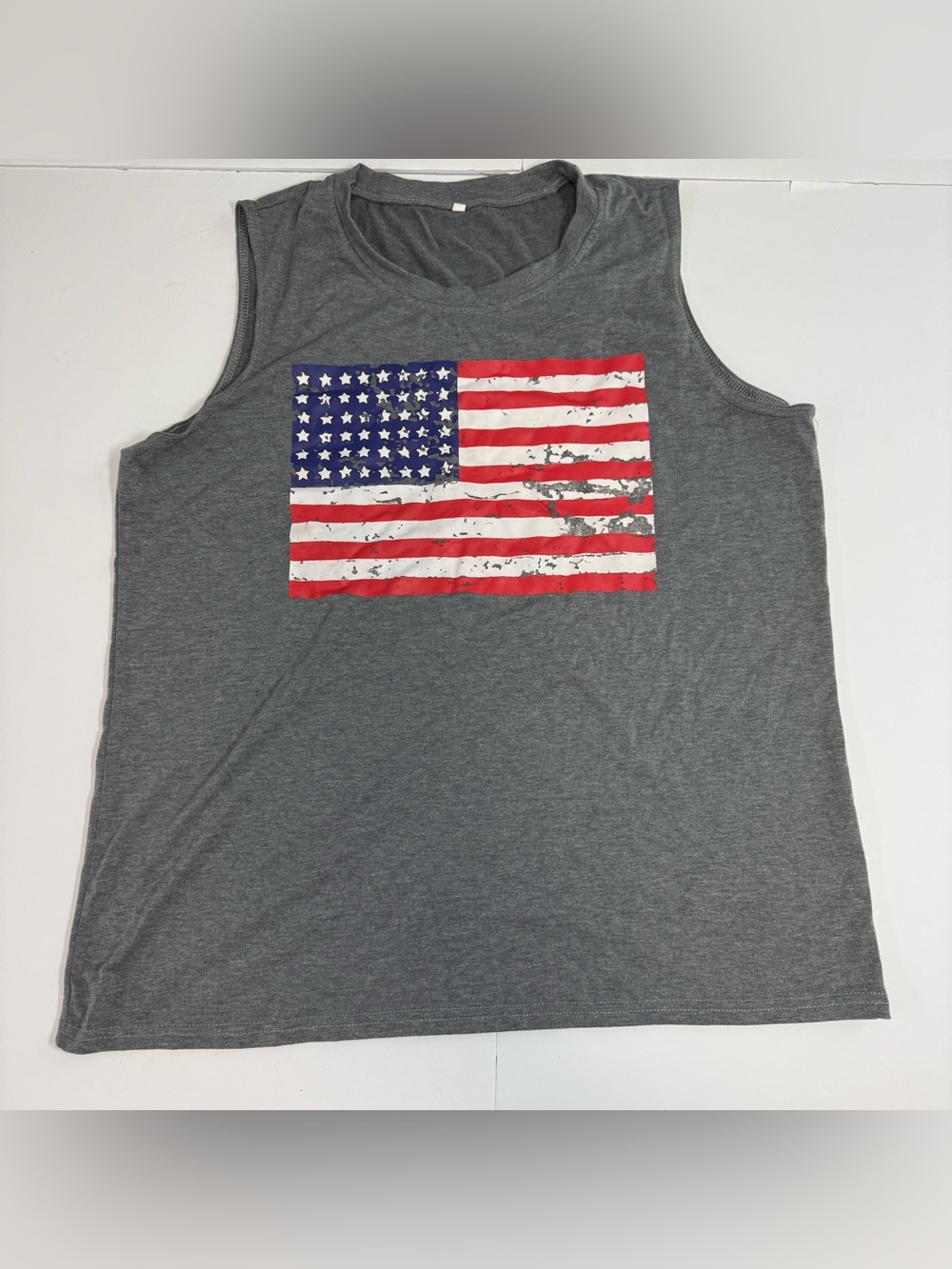 Women’s Gray Sleeveless Tank with Distressed American Flag Graphic